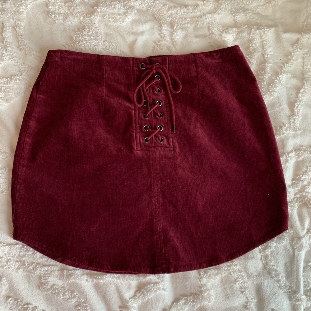 Crimson Red Corduroy lace up Skirt -S